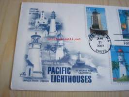 Pacific Lighthouses, majakka, 2007, USA, ensipäiväkuori, FDC, hieno, 5 erilaista postimerkkiä. Katso myös muut kohteeni, mm. noin 1 200 erilaista amerikkalaista