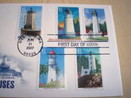 Pacific Lighthouses, majakka, 2007, USA, ensipäiväkuori, FDC, hieno, 5 erilaista postimerkkiä. Katso myös muut kohteeni, mm. noin 1 200 erilaista amerikkalaista