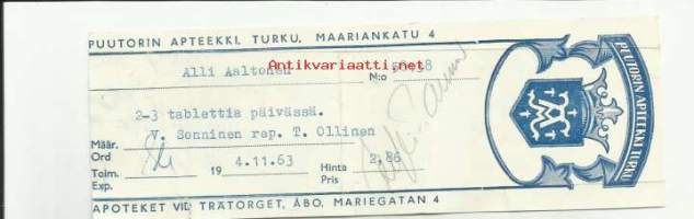 Puutorin Apteekki Turku 1963  - resepti signatuuri