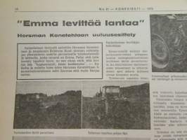 Koneviesti 1976 nr 21, sis. mm. seur. artikkelit / kuvat / mainokset; Kontti korkealle kippivaunulla, HOrsman konetehtaan Emma levittää lannan, Koneita
