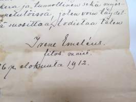 Että neiti Hanna Huhtamo, joka syyskuun 1 p:stä 1908 on palvellut luonani... todistan täten - Irene Eméleus, filosofian maisteri, Helsinki 26.8.1912 -work