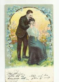 Arvaa kuka - romantiikkapostikortti  - postikortti  kohopainokortti kulkenut 1908
