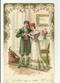 Pitsiä - romantiikkapostikortti  - postikortti  kohopainokortti kulkenut nyrkkipostissa