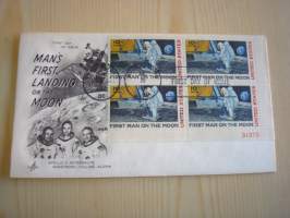 Apollo 11, 1969, USA, ensipäiväkuori, FDC, hieno, neljällä postimerkillä. Katso myös muut kohteeni, mm. noin 1 200 erilaista amerikkalaista ensipäiväkuorta