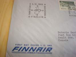 Finnair Aero Oy, 1963, ensipäiväkuori, FDC, lähetetty Kanadaan. Katso myös muut kohteeni, mm. noin 1 200 erilaista amerikkalaista ensipäiväkuorta 1920-luvulta