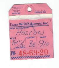 Trans World Airlines Inc    matkatavaran osoitelappu  1965 - osoitelappu