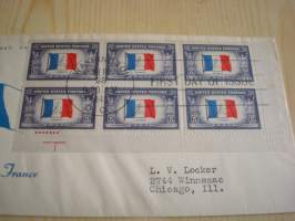 WWII, 2. maailmansota, Overrun Country / miehitetyt valtiot, Ranska, 1943, USA, ensipäiväkuori, FDC, kuudella postimerkillä. Katso myös muut kohteeni, minulla