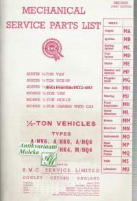 BMC - Austin / Morris ½ - ton vehicles mechanical service parts list-varaosakirja