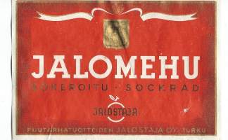 Jalomehu  -  tuote-etiketti  1930-40-luku /Vuonna 1936 perustetaan puutarhatuotteiden Jalostaja, jonka tarkoituksena on puutarhatuotteiden tehdasmainen