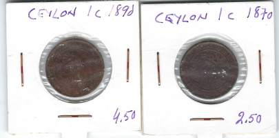 Ceylon 1 c 1870 ja 1890 kolikko 2 kpl kolikko
