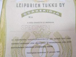 Leipurien Tukku Oy, 5 osaketta á 5 markkaa, Helsinki, 17.5.1989 Specimen -osakekirja / share certificate