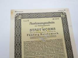 Auslosungsschein zur Ablösungsanleihe der Stadt Worms 50 Reichsmark Nr 1276 1929 -velkakirja / loan certificate