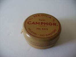 Camphor  tyhjä lääkerasia  3,5x1,5 cm peltiä  tuotepakkaus
