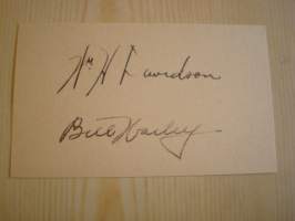 William s. Harley ja Arthur Davidson (Harley-Davidson), nimikirjoituskortti. Nimikirjoitus on painettu vanhalle postikorttipaperille, ei siis käsinkirjoitettu.