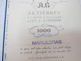 Oy Wilh. Schauman Ab, Jyväskylä 1937, Litt. A 1 000 mk -osakekirja - share certificate