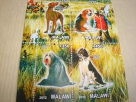 Koira, 4 postimerkin arkki, leimattu, vuodelta 2012, Malawi, hieno. Katso myös muut kohteeni mm. noin 1200 erilaista amerikkalaista ensipäiväkuorta 1920-luvulta
