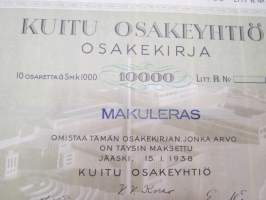 Kuitu Osakeyhtiö, Jääski 1938, 10 osaketta á 1 000 Smk = 10 000 Litt. B -osakekirja / share certificate