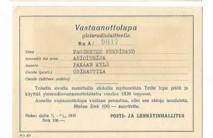 Yleisradiolaitteen vastaanottolupa - radiolupa 1936 Orimattila Pakaan kylä