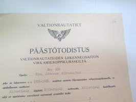 Valtionrautatiet - Päästötodistus Valtionrautateiden virkamiesoppikursseilta nr 390 9.5.1925 Eino Johannes Silvennoinen -certificate of State Railways Traffic