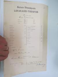 Salmin Yhteiskoulu - lukukausitodistus IV luokka - 29.5.1920, Eino Johannes Silvennoinen -school certificate