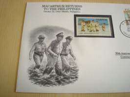 2. maailmansota, WWII, MacArthur Returns to the Philippines, 50th Anniversary World War Commemorative Cover, 1944-1994, kuori + kortti, harvinaisempi versio, hieno.