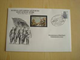 2. maailmansota, WWII, Russian and American Forces Meet at Elbe River, 50th Anniversary World War Commemorative Cover, 1945-1995, kuori + kortti, harvinaisempi