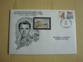 2. maailmansota, WWII, Audie Murphy Becomes Most Decorated Serviceman in War, 50th Anniversary World War Commemorative Cover, 1945-1995, kuori + kortti,