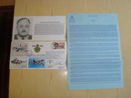 75th Anniversary of the Royal Air Force, R.A.F., 2. maailmansota, WWII, 1993, Falkland Islands, ensipäiväkuori, FDC + kortti, kuoressa Wing Commander Tony Main,