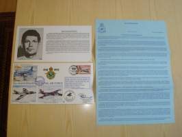 75th Anniversary of the Royal Air Force, R.A.F., 2. maailmansota, WWII, 1993, Falkland Islands, ensipäiväkuori, FDC + kortti, kuoressa Wing Commander Martin