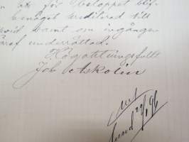 Joh. Askolin, Borgå, 24.1.1896 - Suomen Sahanterätehdas Oy, Tampere -asiakirja, allekirjoitus J. Askolin -business document