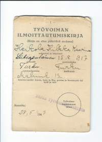 Työvoiman ilmoittautumiskirja  28.5.1943  Turun Työvoimalautakunta / Lounais-Suomen Osuusteurastamo