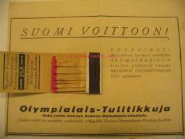 Olympialais-tulitikut. Olympialaiset 1924. Suomi voittoon. Fennia -tulitikkuja. Olympia-aihe 1924 -matches