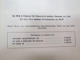 Muovit 1965 - Yhtyneet Muovitehtaat Oy -Oy Wiik &amp; Höglund Ab Chemicalsin tiptteet (Vaasa) / Oy Nars Ab (Pietarsaari) -kattava luettelo monenlaisista muoveista;