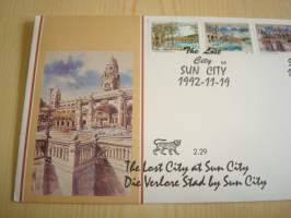 The Lost City at Sun City, Kadonnut kaupunki, 1992, Bobhuthatswana, ensipäiväkuori, FDC + kortti, 5 erilaista postimerkkiä, hieno. Katso myös muut kohteeni mm.