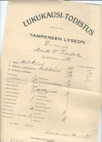 Tampereen Lyseo  Lukukausi-todistus  1923 - todistus