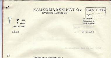 Kaukomarkkinat Oy / Overseas Market Ltd 1958 Helsinki - firmalomake