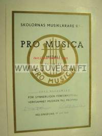 Skolornas Musiklärare R.F:s Pro Musica Medalj Carl Blomqvist -mitalin myöntokirja