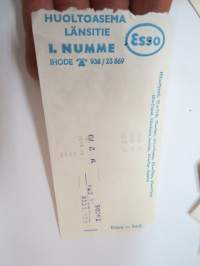 Esso Huoltoasema Länsitie I. Numme, Ihode, huoltoasemakuitti 9.2.1970 -receipt