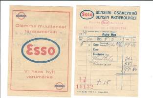 Esso Bensiini Oy ( Standard ) huoltoasemakuitti  40-- luku - firmalomake  olemme muuttaneet tavaramerkin