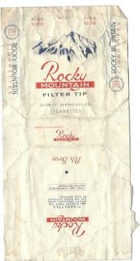 Rocky Mountain -  tupakkaetiketti, saumoista avattu tupakka-aski,