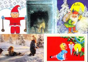Joulupostikortteja 5 kpl 1990-luvulta. Kaikissa on mukana postimerkki.