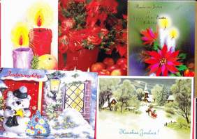 Joulupostikortteja 5 kpl 1990-luvulta. Kaikissa on mukana postimerkki.