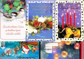 Joulupostikortteja 5 kpl 2000-luvulta. Kaikissa on mukana postimerkki.