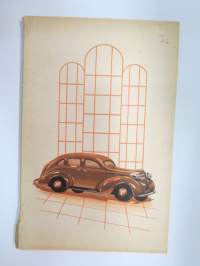 Kirjoituslehtiö 1930-luvun lopusta?, kansikuvituksena virtaviivainen loistoauto -writing paper