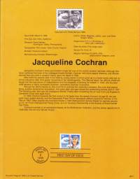 USA - 1996, March 9th:Jacqueline Cochran, Pioneer Pilot (lentoilmailun uranuurtaja, mestaripilotti).Ensipäiväleima, valmis kokoelmasivu sisältää sekä itse