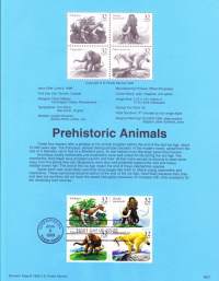 USA - 1996, June 8th: Prehistoric animals/Esihistoriallisia eläimiä: Eohippus, Woolly mammoth, Mastodont, Saber-tooth cat.Ensipäiväleima, valmis kokoelmasivu