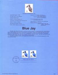 USA - 1996, August2nd:Blue Jay/Sinikka. Uusi lisä lintusarjaan.Ensipäiväleima, valmis kokoelmasivu sisältää sekä itse postimerkin/postimerkit että paino-