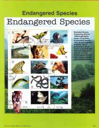 USA - 1996, October 2nd: Endangered Species/Eläinlajit, jotka ovat vaarassa kuolla sukupuuttoon.Ensipäiväleima, valmis kokoelmasivu sisältää sekä itse