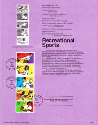 USA - 1995, May 20th: Recreational Sports /Kuntourheilu:Bowling, tennis, golf, volleyball, baseball.Ensipäiväleima, valmis kokoelmasivu sisältää sekä itse