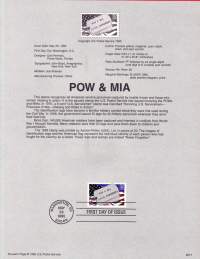 USA - 1995, May 29th: Prisoner of War (POW) &amp; Missing in Action (MIA/ Sotavangiksi joutuneet ja taistelussa kadonneet. Militaria.Ensipäiväleima, valmis